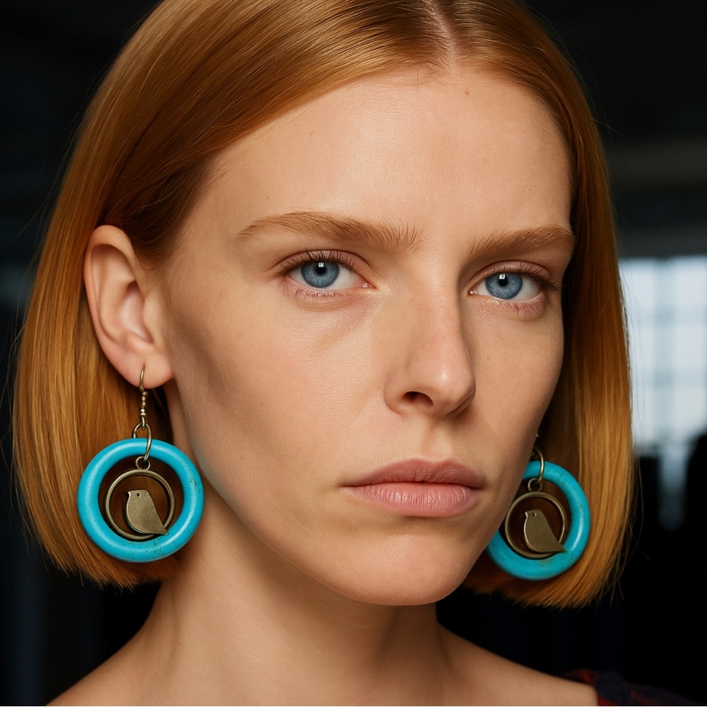Silver Bird Turquoise Stone Hoop Drop Earrings